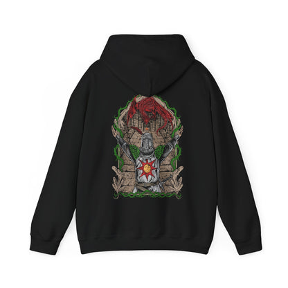 Image 4 of a Hooded Sweatshirt showcasing the legendary Solaire of Astora, one of the most beloved characters in Dark Souls. A Warrior of Sunlight and beacon of camaraderie, his glowing sun sigil and knightly armor are instantly recognizable. This artwork pays tribute to his unwavering optimism and the iconic phrase, Praise the Sun!