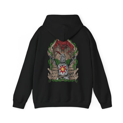 Image 5 of a Hooded Sweatshirt showcasing the legendary Solaire of Astora, one of the most beloved characters in Dark Souls. A Warrior of Sunlight and beacon of camaraderie, his glowing sun sigil and knightly armor are instantly recognizable. This artwork pays tribute to his unwavering optimism and the iconic phrase, Praise the Sun!