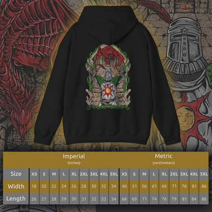 Size chart of a Hooded Sweatshirt showcasing the legendary Solaire of Astora, one of the most beloved characters in Dark Souls. A Warrior of Sunlight and beacon of camaraderie, his glowing sun sigil and knightly armor are instantly recognizable. This artwork pays tribute to his unwavering optimism and the iconic phrase, Praise the Sun!
