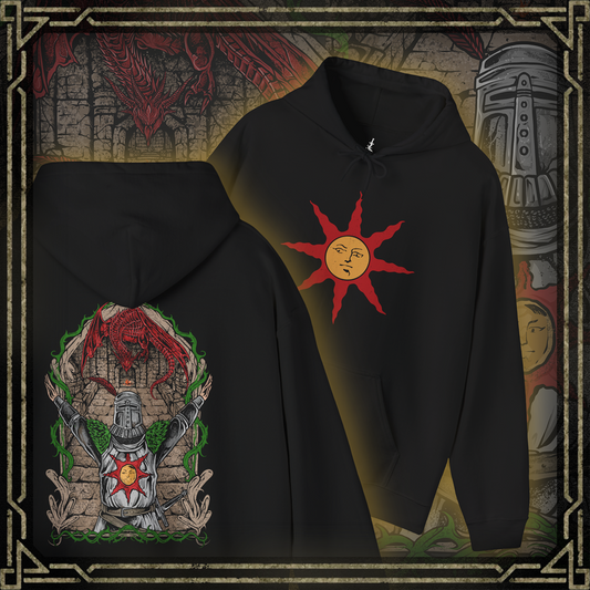 Thumbnail of a Hooded Sweatshirt showcasing the legendary Solaire of Astora, one of the most beloved characters in Dark Souls. A Warrior of Sunlight and beacon of camaraderie, his glowing sun sigil and knightly armor are instantly recognizable. This artwork pays tribute to his unwavering optimism and the iconic phrase, Praise the Sun!