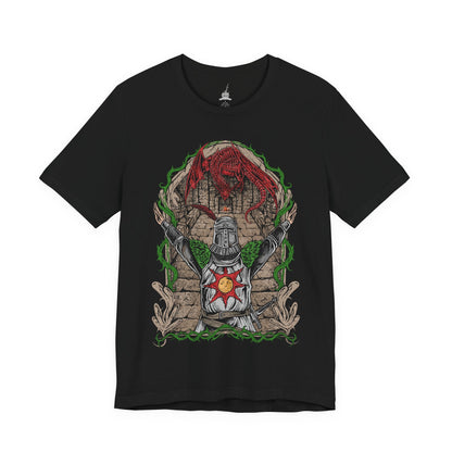 Image 4 of a T-shirt featuring Solaire of Astora from Dark Souls, the ever-optimistic warrior whose quest for the sun mirrors humanity’s search for purpose. His devotion and courage stand against the curse of the Undead. This design celebrates his legendary “Praise the Sun” gesture and his enduring legacy as one of gaming’s most inspiring figures.