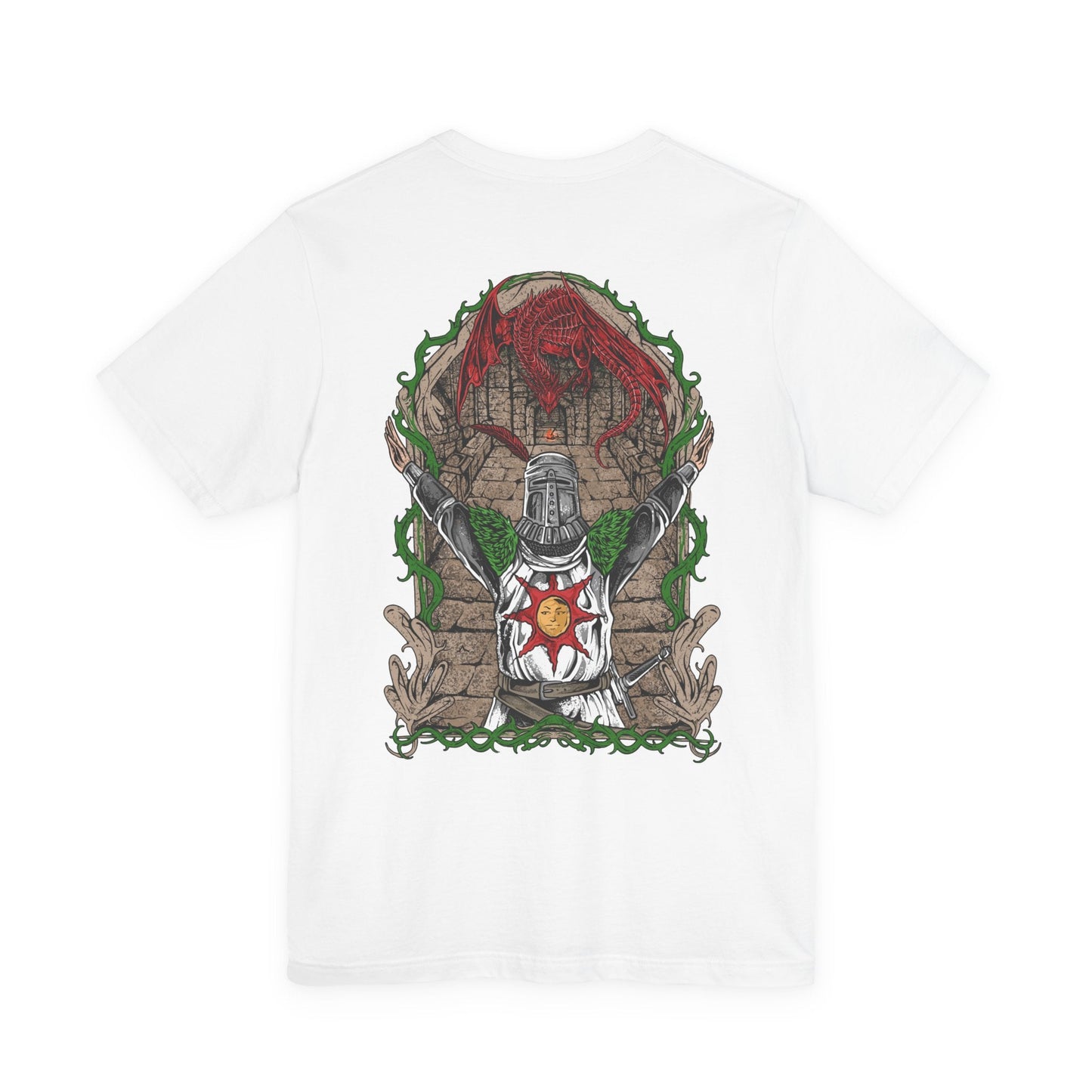 Image 5 of a T-shirt showcasing Solaire of Astora, the sun-praising warrior from Dark Souls who aids the Chosen Undead in battle. Donning his distinct sun-emblazoned tabard and helm, Solaire is a beacon of camaraderie in Lordran’s bleak landscape. This artwork celebrates his unwavering spirit and legendary status among fans.
