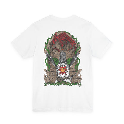 Image 5 of a T-shirt showcasing Solaire of Astora, the sun-praising warrior from Dark Souls who aids the Chosen Undead in battle. Donning his distinct sun-emblazoned tabard and helm, Solaire is a beacon of camaraderie in Lordran’s bleak landscape. This artwork celebrates his unwavering spirit and legendary status among fans.