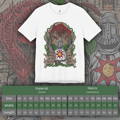 Size chart of a T-shirt featuring Solaire of Astora from Dark Souls, the beloved knight in shining armor who seeks his very own sun. Known for his radiant optimism and the iconic phrase “Praise the Sun,” Solaire stands as a symbol of jolly cooperation in a world of darkness. This design captures his signature pose, embodying hope, loyalty, and light.