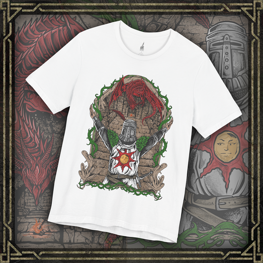 Thumbnail of a T-shirt featuring Solaire of Astora from Dark Souls, the beloved knight in shining armor who seeks his very own sun. Known for his radiant optimism and the iconic phrase “Praise the Sun,” Solaire stands as a symbol of jolly cooperation in a world of darkness. This design captures his signature pose, embodying hope, loyalty, and light.