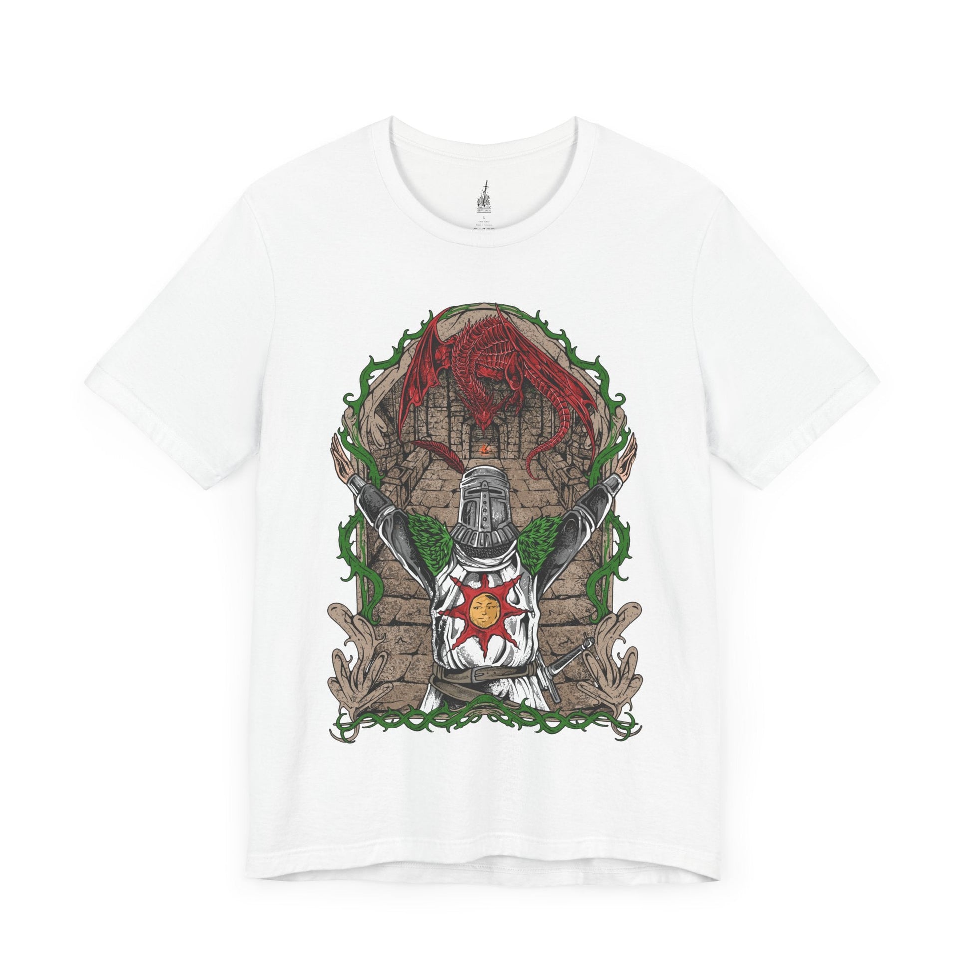 Image 3 of a White T-shirt featuring Solaire of Astora from Dark Souls, the beloved knight in shining armor who seeks his very own sun. Known for his radiant optimism and the iconic phrase “Praise the Sun,” Solaire stands as a symbol of jolly cooperation in a world of darkness. This design captures his signature pose, embodying hope, loyalty, and light.
