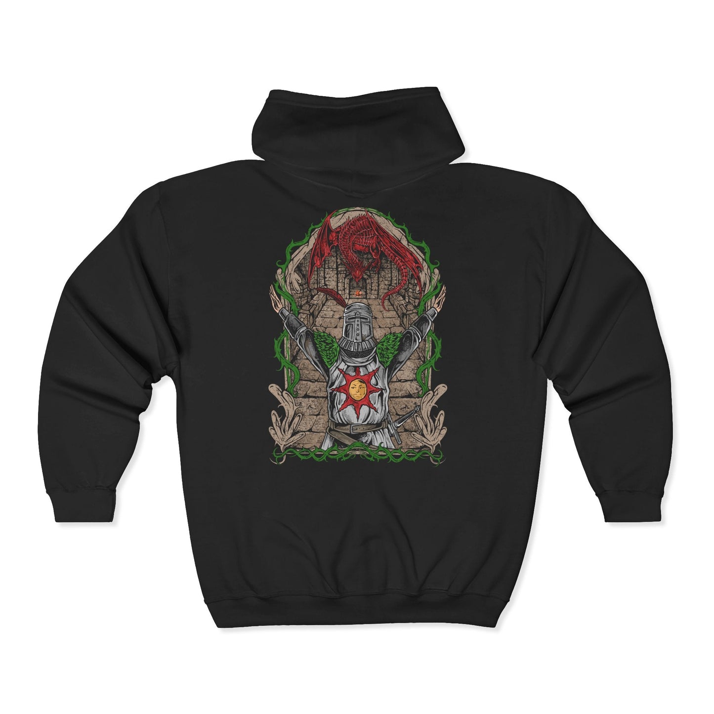 Folded Zip-up Hooded Sweatshirt featuring Solaire of Astora from Dark Souls, the noble Warrior of Sunlight who seeks his own sun in a world consumed by darkness. With radiant faith and unyielding optimism, Solaire stands as a symbol of hope amid despair. This design captures his iconic praise-the-sun pose, celebrating camaraderie, perseverance, and the light within every Undead.