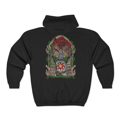 Folded Zip-up Hooded Sweatshirt featuring Solaire of Astora from Dark Souls, the noble Warrior of Sunlight who seeks his own sun in a world consumed by darkness. With radiant faith and unyielding optimism, Solaire stands as a symbol of hope amid despair. This design captures his iconic praise-the-sun pose, celebrating camaraderie, perseverance, and the light within every Undead.