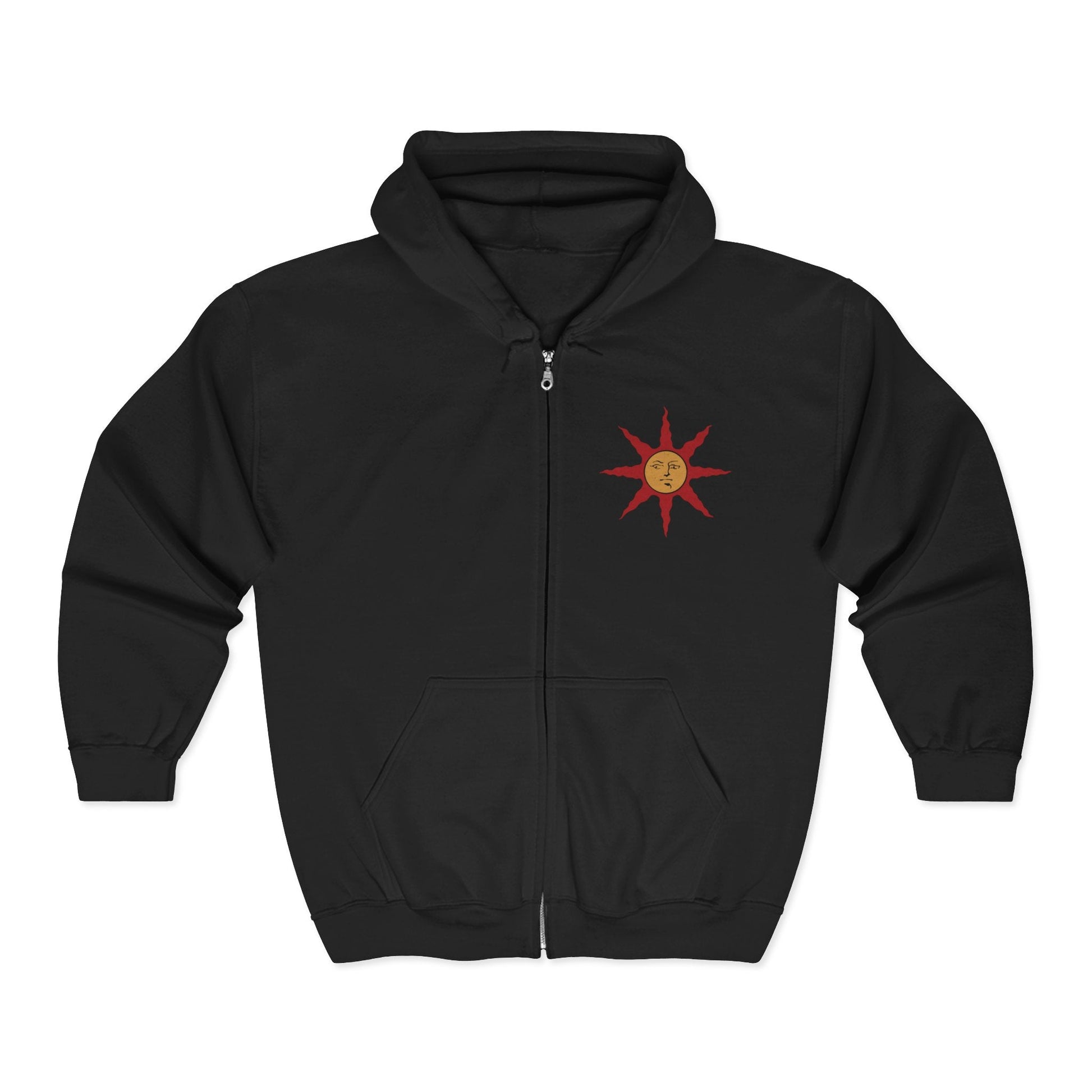 Image 3 of a S Zip-up Hooded Sweatshirt featuring Solaire of Astora from Dark Souls, the noble Warrior of Sunlight who seeks his own sun in a world consumed by darkness. With radiant faith and unyielding optimism, Solaire stands as a symbol of hope amid despair. This design captures his iconic praise-the-sun pose, celebrating camaraderie, perseverance, and the light within every Undead.