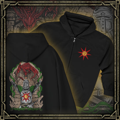 Thumbnail of a Zip-up Hooded Sweatshirt featuring Solaire of Astora from Dark Souls, the noble Warrior of Sunlight who seeks his own sun in a world consumed by darkness. With radiant faith and unyielding optimism, Solaire stands as a symbol of hope amid despair. This design captures his iconic praise-the-sun pose, celebrating camaraderie, perseverance, and the light within every Undead.