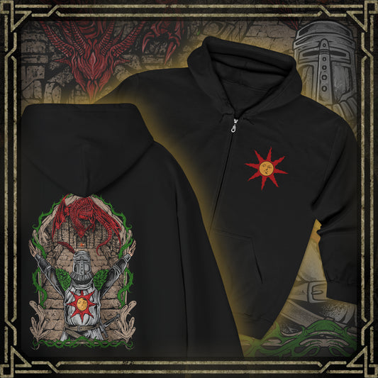 Thumbnail of a Zip-up Hooded Sweatshirt featuring Solaire of Astora from Dark Souls, the noble Warrior of Sunlight who seeks his own sun in a world consumed by darkness. With radiant faith and unyielding optimism, Solaire stands as a symbol of hope amid despair. This design captures his iconic praise-the-sun pose, celebrating camaraderie, perseverance, and the light within every Undead.