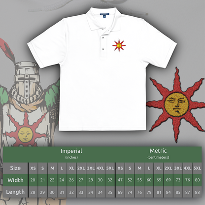 Size chart of a Embroidered T-shirt featuring the Warrior of Sunlight sigil from Dark Souls, the radiant emblem worn by followers of Solaire and the covenant of jolly cooperation. This golden sun with a smiling face represents hope, camaraderie, and the noble pursuit of one’s own sun. The design channels the iconic imagery of praise and perseverance in a world gripped by darkness.