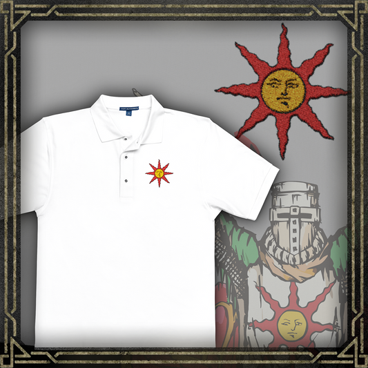 Thumbnail of a Embroidered T-shirt featuring the Warrior of Sunlight sigil from Dark Souls, the radiant emblem worn by followers of Solaire and the covenant of jolly cooperation. This golden sun with a smiling face represents hope, camaraderie, and the noble pursuit of one’s own sun. The design channels the iconic imagery of praise and perseverance in a world gripped by darkness.