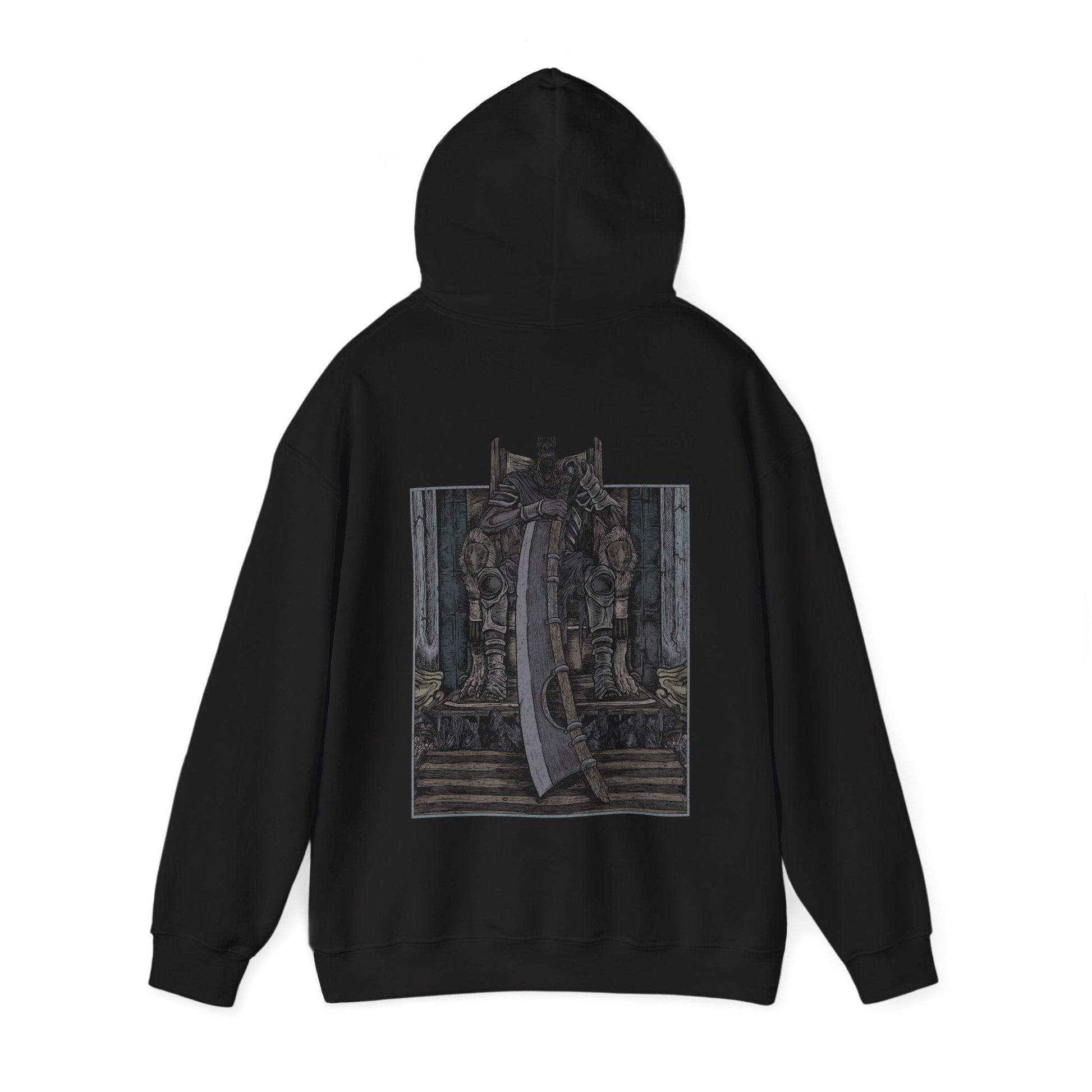 Image number 4 of a Hooded Sweatshirt featuring Yhorm the Giant from Dark Souls in a grim design, showcasing his towering figure and mighty Storm Ruler sword, perfect for fans who honor his tragic tale and the epic lore of the fallen Lord of Cinder.