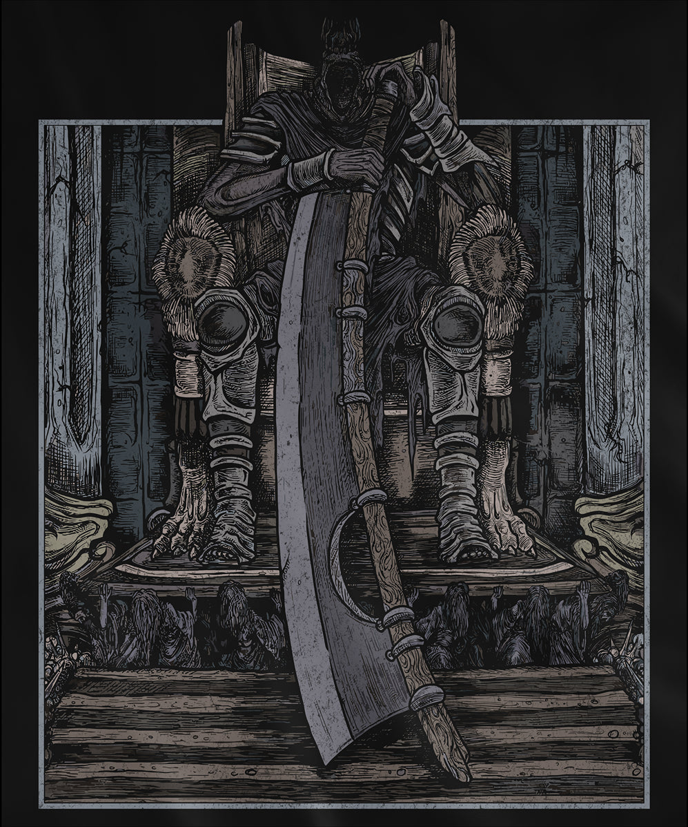 Design used for a Hooded Sweatshirt featuring Yhorm the Giant from Dark Souls in a grim design, showcasing his towering figure and mighty Storm Ruler sword, perfect for fans who honor his tragic tale and the epic lore of the fallen Lord of Cinder.