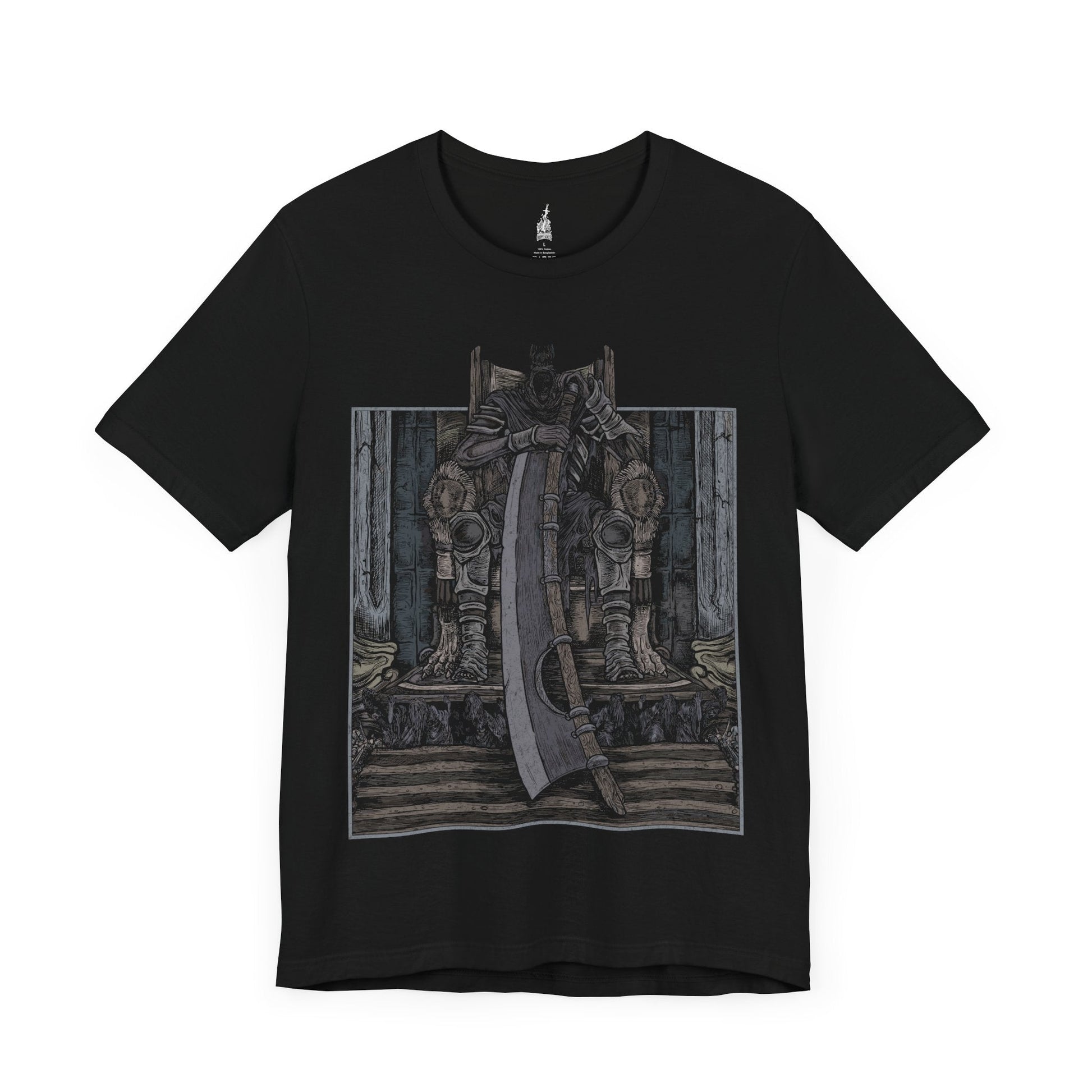 Image number 3 of a Black T-shirt featuring Yhorm the Giant from Dark Souls in a grim design, showcasing his towering figure and mighty Storm Ruler sword, perfect for fans who honor his tragic tale and the epic lore of the fallen Lord of Cinder.