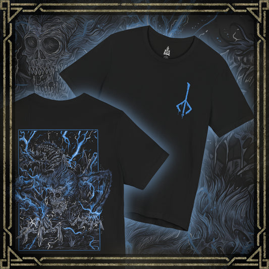 Thumbnail of a T-shirt featuring Darkbeast Paarl from Bloodborne, the skeletal, lightning-infused beast lurking in the shadows of Yahar’gul. Its emaciated frame crackles with blue arcane energy, a terrifying remnant of the Healing Church’s twisted experiments. This monstrous creature thrashes with untamed fury, embodying the raw, chaotic power of the old blood. With a grim and haunting design on both sides, this T-shirt perfectly captures the eldritch horror of Bloodborne.