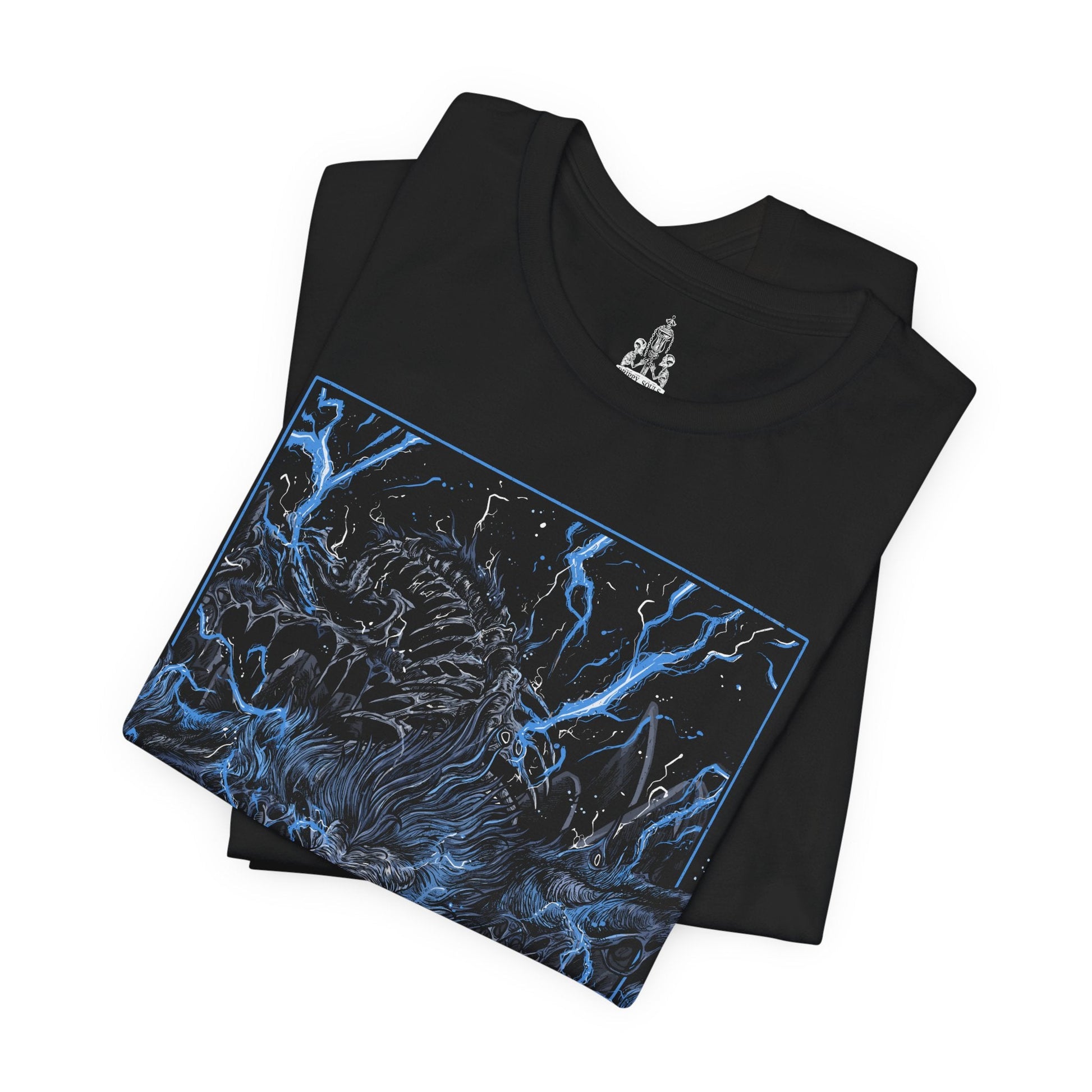Image 5 of a T-shirt featuring Darkbeast Paarl from Bloodborne, designed with a grim and electrifying aesthetic. The artwork captures Paarl’s skeletal, beastly form crackling with blue lightning, set against a haunting, dark backdrop that emphasizes its wild, chaotic energy. Perfect for fans who revel in the nightmarish horrors of Yharnam and the frenzied battles against the terrors lurking within the shadows.