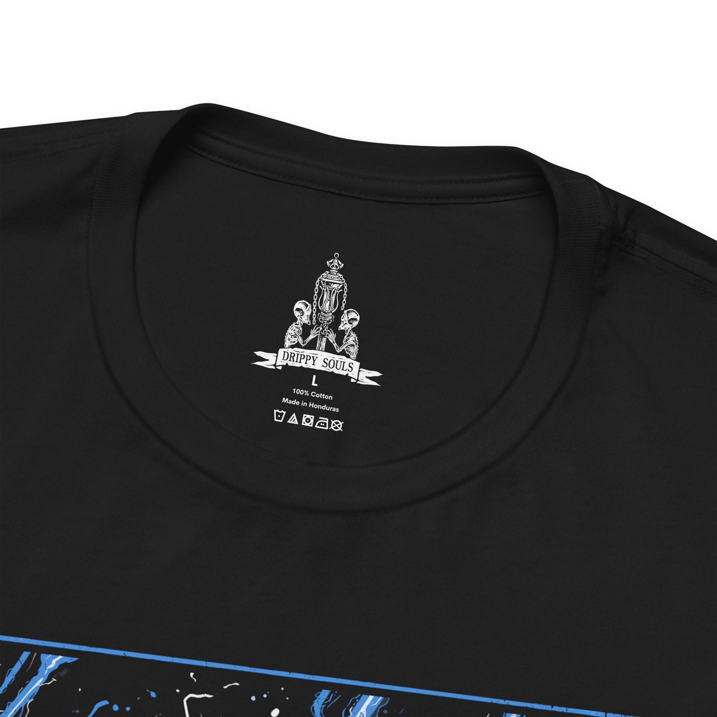 Folded T-shirt featuring Darkbeast Paarl from Bloodborne, designed with a grim and electrifying aesthetic. The artwork captures Paarl’s skeletal, beastly form crackling with blue lightning, set against a haunting, dark backdrop that emphasizes its wild, chaotic energy. Perfect for fans who revel in the nightmarish horrors of Yharnam and the frenzied battles against the terrors lurking within the shadows.