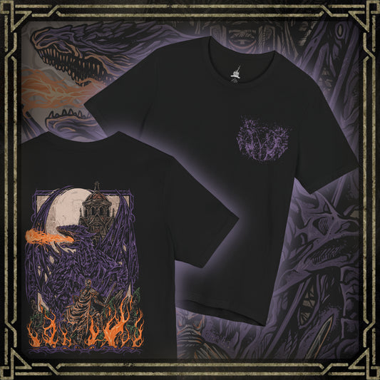 Thumbnail of a T-shirt showcasing Darkeater Midir, the colossal guardian dragon from Dark Souls III who endlessly devours the Abyss to protect the gods. Corrupted by the darkness he hunted, Midir now roams the depths of the Ringed City, both victim and monster. This artwork reflects his overwhelming power and the sorrow of his cursed duty.