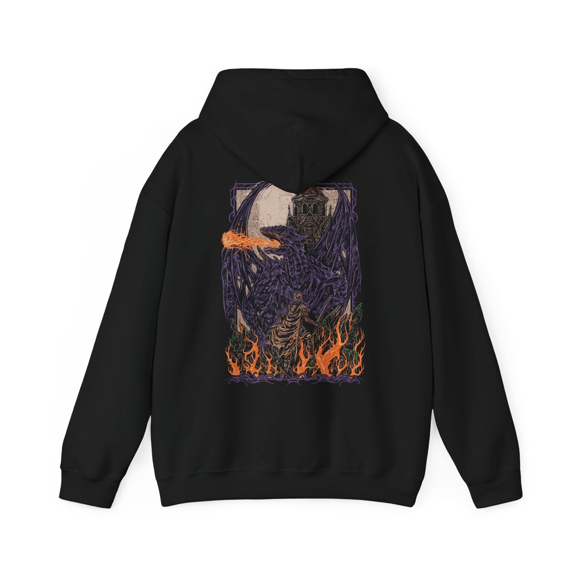 Image 5 of a Dark Souls Hooded Sweatshirt featuring Darkeater Midir, an ancient dragon forged for war against the Abyss. Despite his divine mission, centuries of consuming darkness have twisted him into a monstrous shadow of his former self. This design honors his epic scale, tragic fall, and the haunting beauty of one of the game’s most challenging battles.