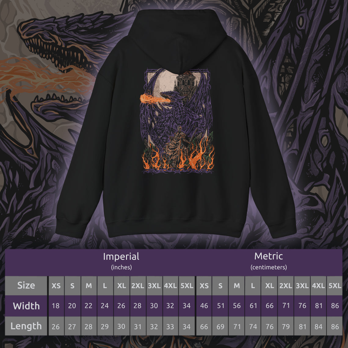 Size chart of a Dark Souls Hooded Sweatshirt featuring Darkeater Midir, an ancient dragon forged for war against the Abyss. Despite his divine mission, centuries of consuming darkness have twisted him into a monstrous shadow of his former self. This design honors his epic scale, tragic fall, and the haunting beauty of one of the game’s most challenging battles.