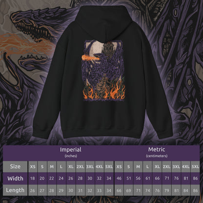 Size chart of a Dark Souls Hooded Sweatshirt featuring Darkeater Midir, an ancient dragon forged for war against the Abyss. Despite his divine mission, centuries of consuming darkness have twisted him into a monstrous shadow of his former self. This design honors his epic scale, tragic fall, and the haunting beauty of one of the game’s most challenging battles.