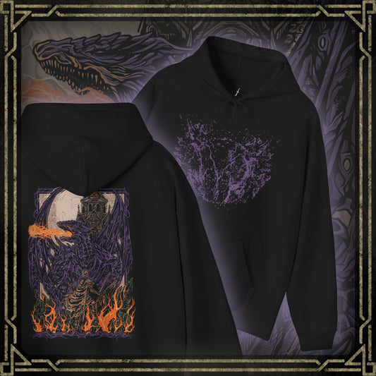 Thumbnail of a Dark Souls Hooded Sweatshirt featuring Darkeater Midir, an ancient dragon forged for war against the Abyss. Despite his divine mission, centuries of consuming darkness have twisted him into a monstrous shadow of his former self. This design honors his epic scale, tragic fall, and the haunting beauty of one of the game’s most challenging battles.