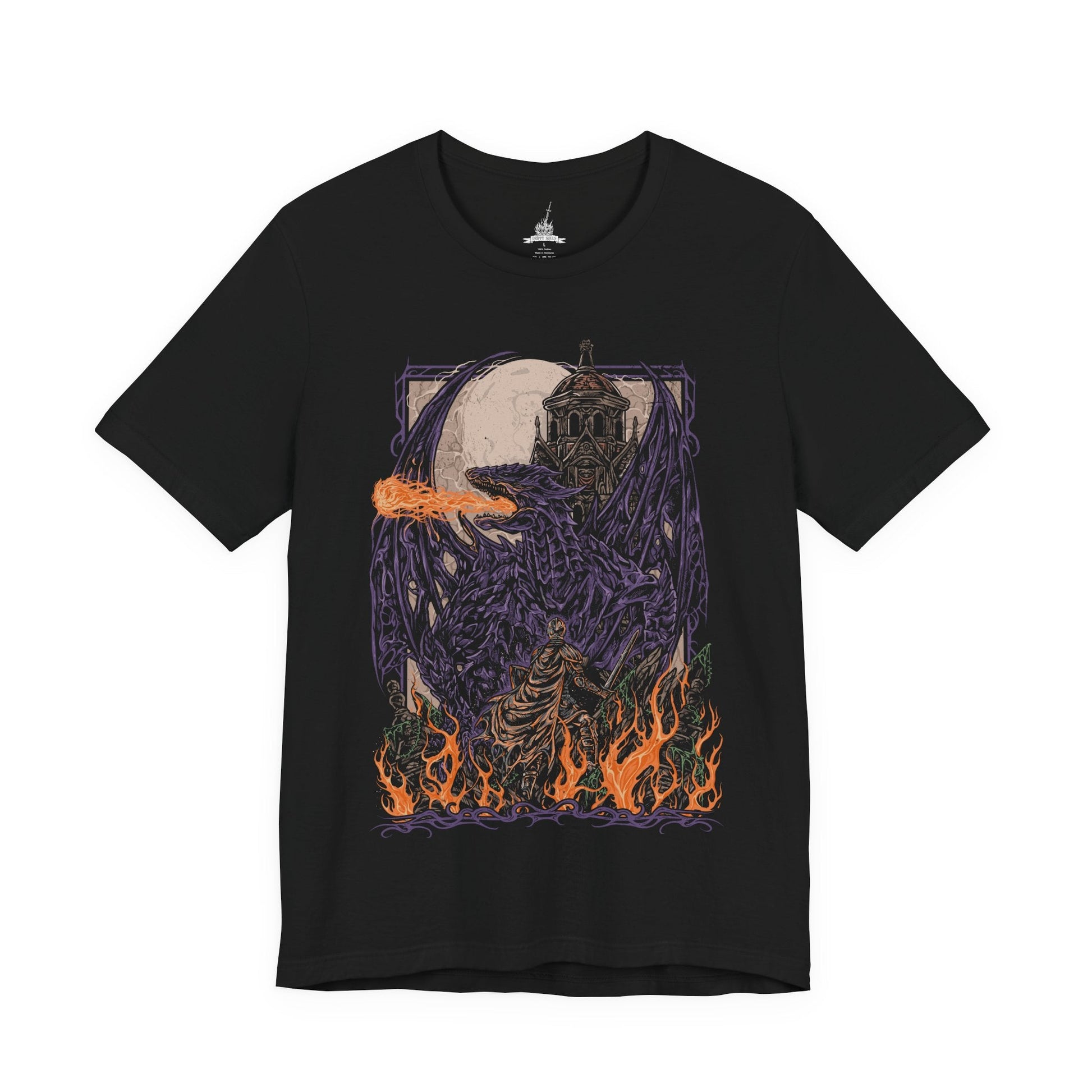 Image 4 of a T-shirt featuring Darkeater Midir from Dark Souls III, the massive abyssal dragon tasked by the gods to consume the darkness. Once a loyal guardian, Midir now succumbs to the very corruption he was meant to destroy. This design captures his shadowy scales, glowing eyes, and the tragic majesty of his eternal battle against the Abyss.