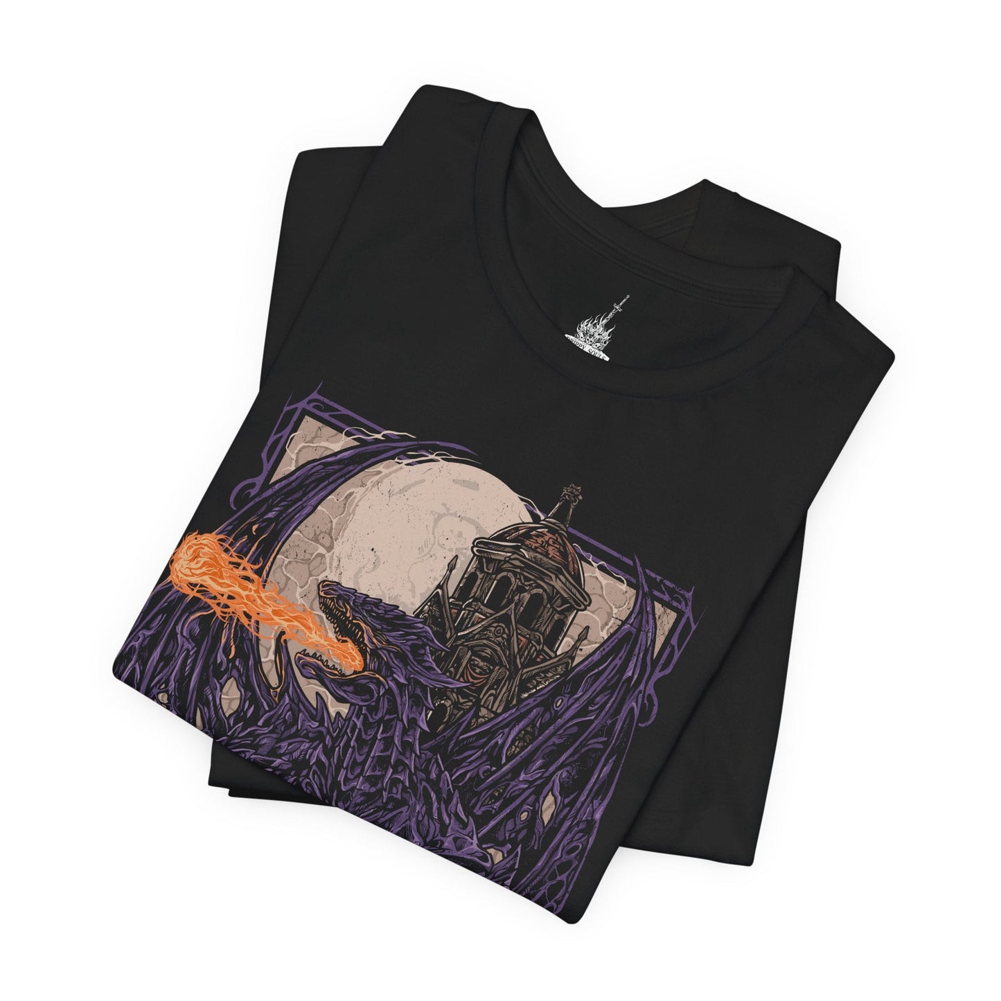 Image 5 of a T-shirt featuring Darkeater Midir from Dark Souls III, the massive abyssal dragon tasked by the gods to consume the darkness. Once a loyal guardian, Midir now succumbs to the very corruption he was meant to destroy. This design captures his shadowy scales, glowing eyes, and the tragic majesty of his eternal battle against the Abyss.