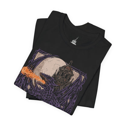 Image 5 of a T-shirt featuring Darkeater Midir from Dark Souls III, the massive abyssal dragon tasked by the gods to consume the darkness. Once a loyal guardian, Midir now succumbs to the very corruption he was meant to destroy. This design captures his shadowy scales, glowing eyes, and the tragic majesty of his eternal battle against the Abyss.