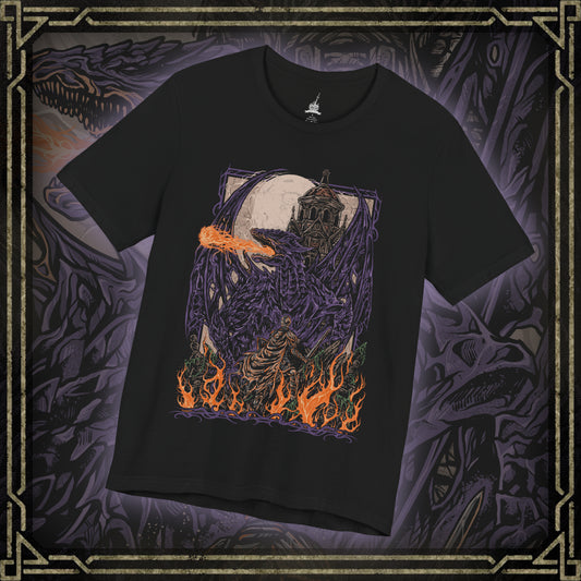 Thumbnail of a T-shirt featuring Darkeater Midir from Dark Souls III, the massive abyssal dragon tasked by the gods to consume the darkness. Once a loyal guardian, Midir now succumbs to the very corruption he was meant to destroy. This design captures his shadowy scales, glowing eyes, and the tragic majesty of his eternal battle against the Abyss.
