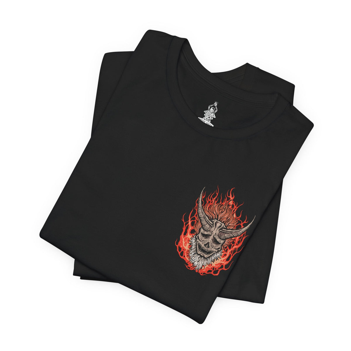 Image 6 of a T-shirt artwork depicting the Sculptor’s final transformation into the Demon of Hatred, his body engulfed in hellish fire as hatred manifests into monstrous form. Ash and sparks swirl through ruined battlefields while Buddha statues crumble nearby. This design reflects the inner torment of a warrior who failed to escape bloodshed, showing how unresolved rage births something far worse than death.