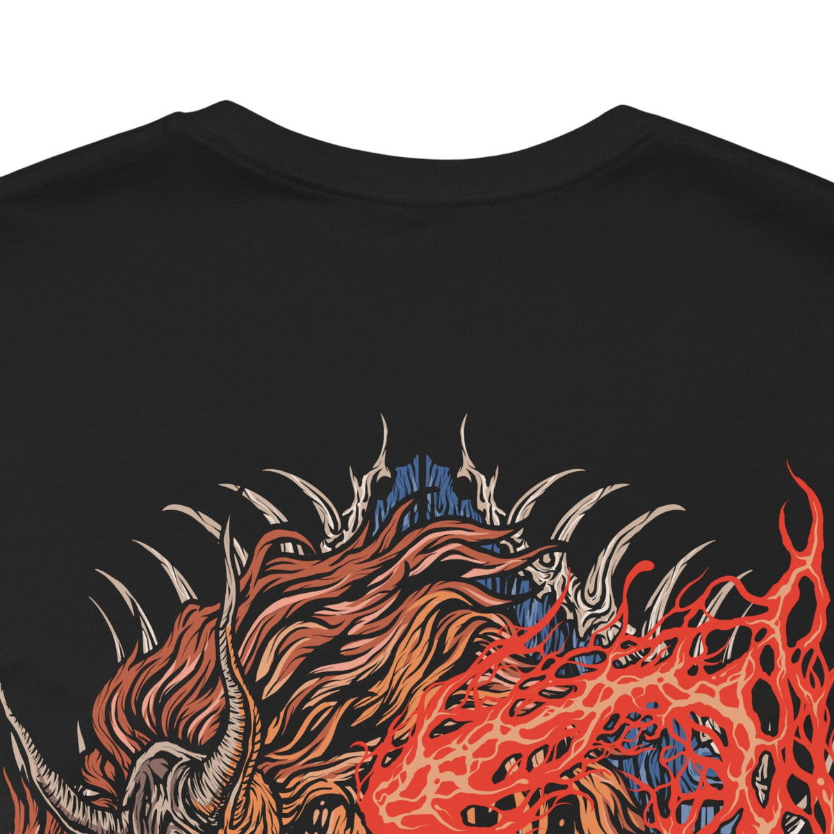 Image 7 of a T-shirt artwork depicting the Sculptor’s final transformation into the Demon of Hatred, his body engulfed in hellish fire as hatred manifests into monstrous form. Ash and sparks swirl through ruined battlefields while Buddha statues crumble nearby. This design reflects the inner torment of a warrior who failed to escape bloodshed, showing how unresolved rage births something far worse than death.