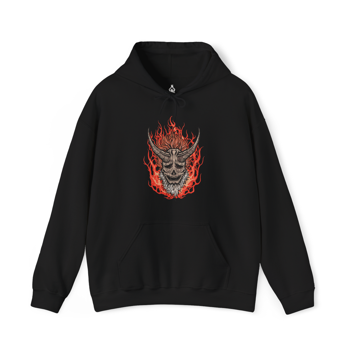 Image 4 of a Hooded Sweatshirt of the Demon of Hatred raging across Ashina’s burning outskirts while ghostly images of the Sculptor fade within the flames. Chains, fire, and shattered stone dominate the scene, symbolizing the thin line between man and monster. The design emphasizes tragedy, loss, and the inevitable eruption of violence that defines Sekiro’s darkest transformation.