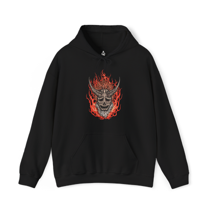Image 4 of a Hooded Sweatshirt of the Demon of Hatred raging across Ashina’s burning outskirts while ghostly images of the Sculptor fade within the flames. Chains, fire, and shattered stone dominate the scene, symbolizing the thin line between man and monster. The design emphasizes tragedy, loss, and the inevitable eruption of violence that defines Sekiro’s darkest transformation.