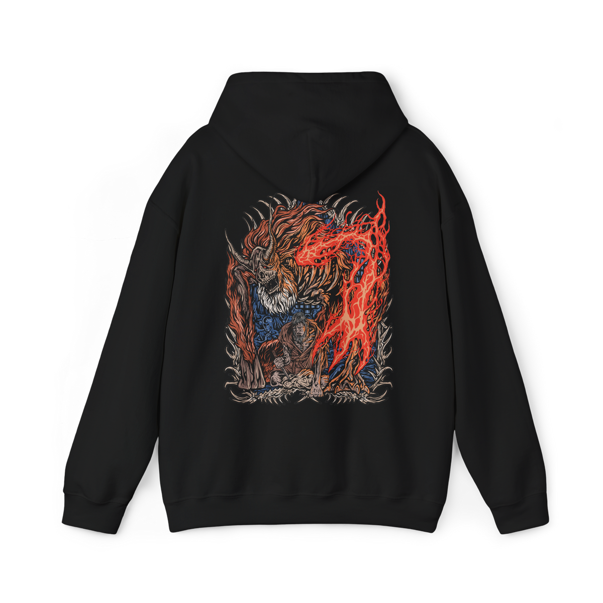 Image 5 of a Hooded Sweatshirt of the Demon of Hatred raging across Ashina’s burning outskirts while ghostly images of the Sculptor fade within the flames. Chains, fire, and shattered stone dominate the scene, symbolizing the thin line between man and monster. The design emphasizes tragedy, loss, and the inevitable eruption of violence that defines Sekiro’s darkest transformation.