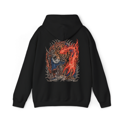 Image 5 of a Hooded Sweatshirt of the Demon of Hatred raging across Ashina’s burning outskirts while ghostly images of the Sculptor fade within the flames. Chains, fire, and shattered stone dominate the scene, symbolizing the thin line between man and monster. The design emphasizes tragedy, loss, and the inevitable eruption of violence that defines Sekiro’s darkest transformation.