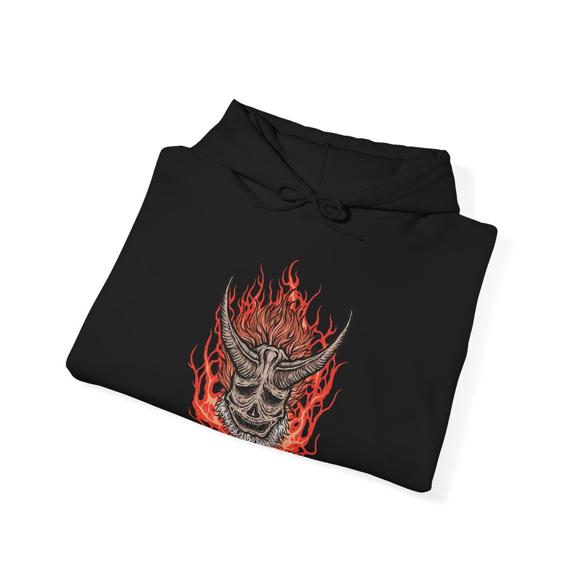 Image 6 of a Hooded Sweatshirt of the Demon of Hatred raging across Ashina’s burning outskirts while ghostly images of the Sculptor fade within the flames. Chains, fire, and shattered stone dominate the scene, symbolizing the thin line between man and monster. The design emphasizes tragedy, loss, and the inevitable eruption of violence that defines Sekiro’s darkest transformation.