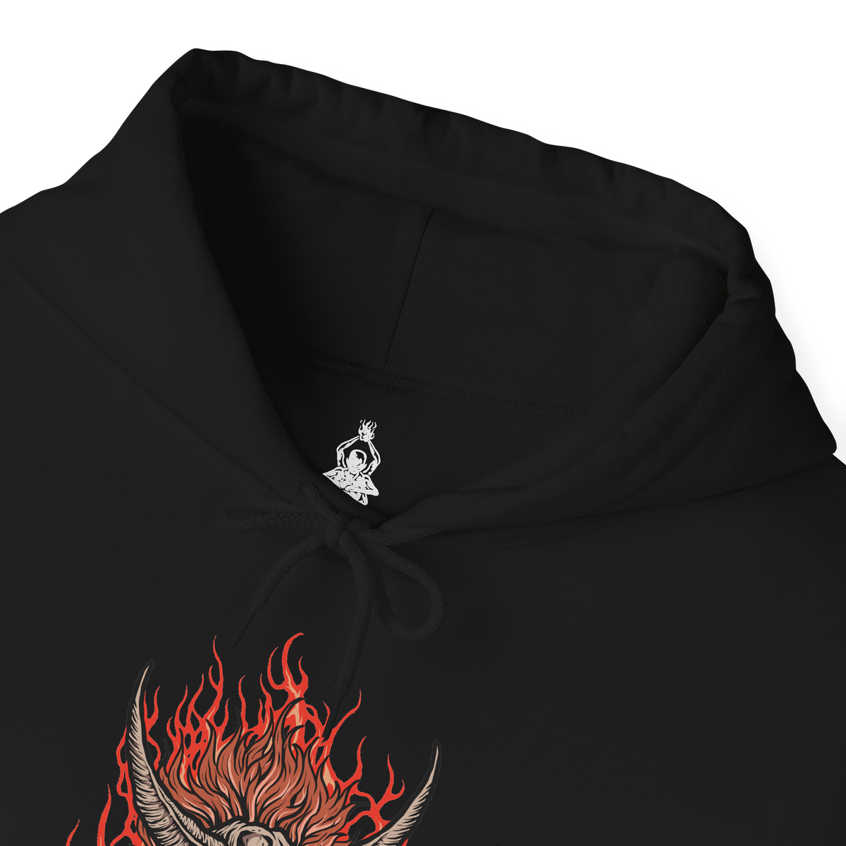 Folded Hooded Sweatshirt of the Demon of Hatred raging across Ashina’s burning outskirts while ghostly images of the Sculptor fade within the flames. Chains, fire, and shattered stone dominate the scene, symbolizing the thin line between man and monster. The design emphasizes tragedy, loss, and the inevitable eruption of violence that defines Sekiro’s darkest transformation.