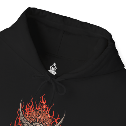 Folded Hooded Sweatshirt of the Demon of Hatred raging across Ashina’s burning outskirts while ghostly images of the Sculptor fade within the flames. Chains, fire, and shattered stone dominate the scene, symbolizing the thin line between man and monster. The design emphasizes tragedy, loss, and the inevitable eruption of violence that defines Sekiro’s darkest transformation.