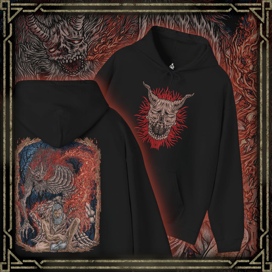 Thumbnail of a Hooded Sweatshirt of the Demon of Hatred raging across Ashina’s burning outskirts while ghostly images of the Sculptor fade within the flames. Chains, fire, and shattered stone dominate the scene, symbolizing the thin line between man and monster. The design emphasizes tragedy, loss, and the inevitable eruption of violence that defines Sekiro’s darkest transformation.