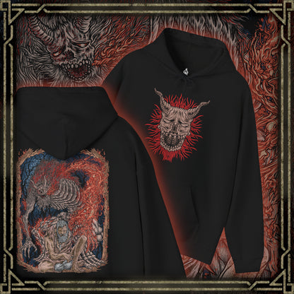 Thumbnail of a Hooded Sweatshirt of the Demon of Hatred raging across Ashina’s burning outskirts while ghostly images of the Sculptor fade within the flames. Chains, fire, and shattered stone dominate the scene, symbolizing the thin line between man and monster. The design emphasizes tragedy, loss, and the inevitable eruption of violence that defines Sekiro’s darkest transformation.