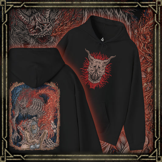 Thumbnail of a Hooded Sweatshirt of the Demon of Hatred raging across Ashina’s burning outskirts while ghostly images of the Sculptor fade within the flames. Chains, fire, and shattered stone dominate the scene, symbolizing the thin line between man and monster. The design emphasizes tragedy, loss, and the inevitable eruption of violence that defines Sekiro’s darkest transformation.