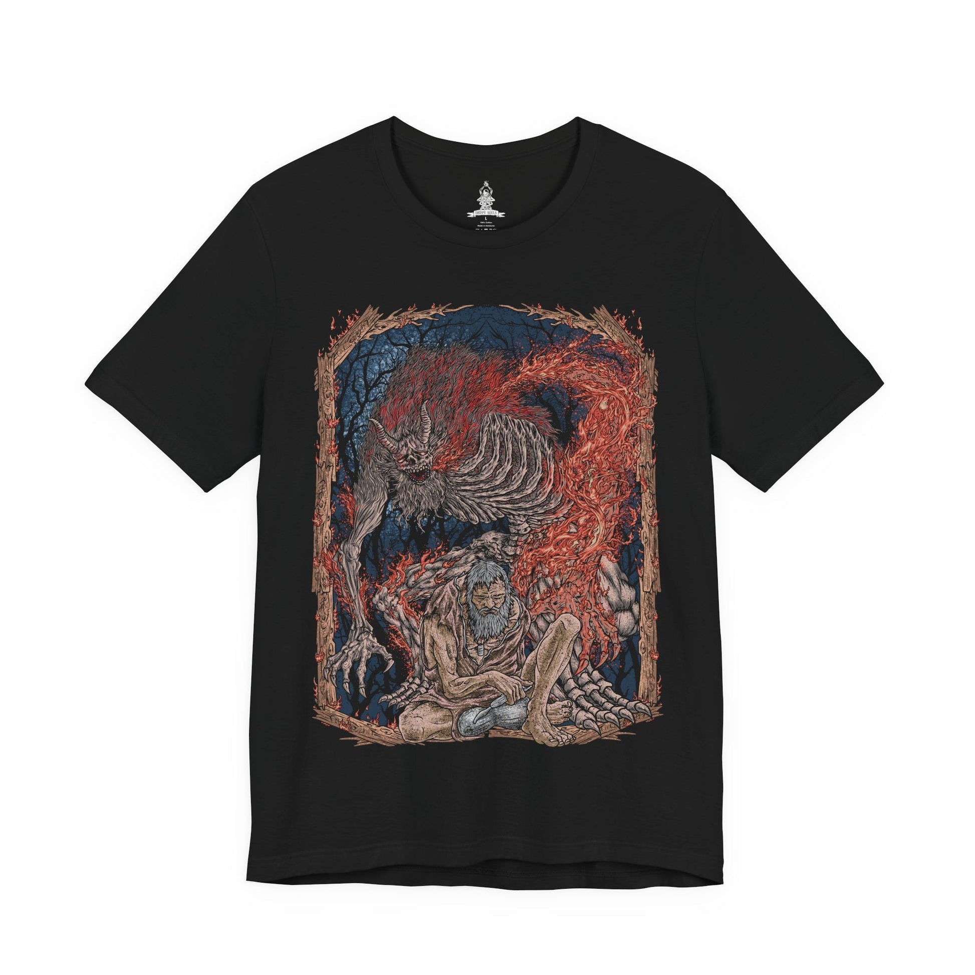 Image 4 of a T-shirt design of the Demon of Hatred from Sekiro: Shadows Die Twice, towering in flames while the broken form of the Sculptor lingers in memory behind him. Firestorms rage around his burning body, revealing the tragic transformation of a once-kind shinobi consumed by rage and war. The design captures the cost of violence, the curse of hatred, and the monstrous fate awaiting those who cannot let go.
