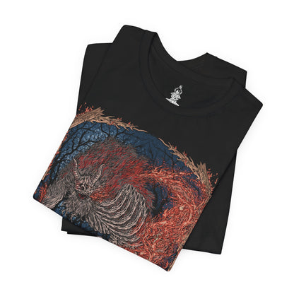 Image 5 of a T-shirt design of the Demon of Hatred from Sekiro: Shadows Die Twice, towering in flames while the broken form of the Sculptor lingers in memory behind him. Firestorms rage around his burning body, revealing the tragic transformation of a once-kind shinobi consumed by rage and war. The design captures the cost of violence, the curse of hatred, and the monstrous fate awaiting those who cannot let go.