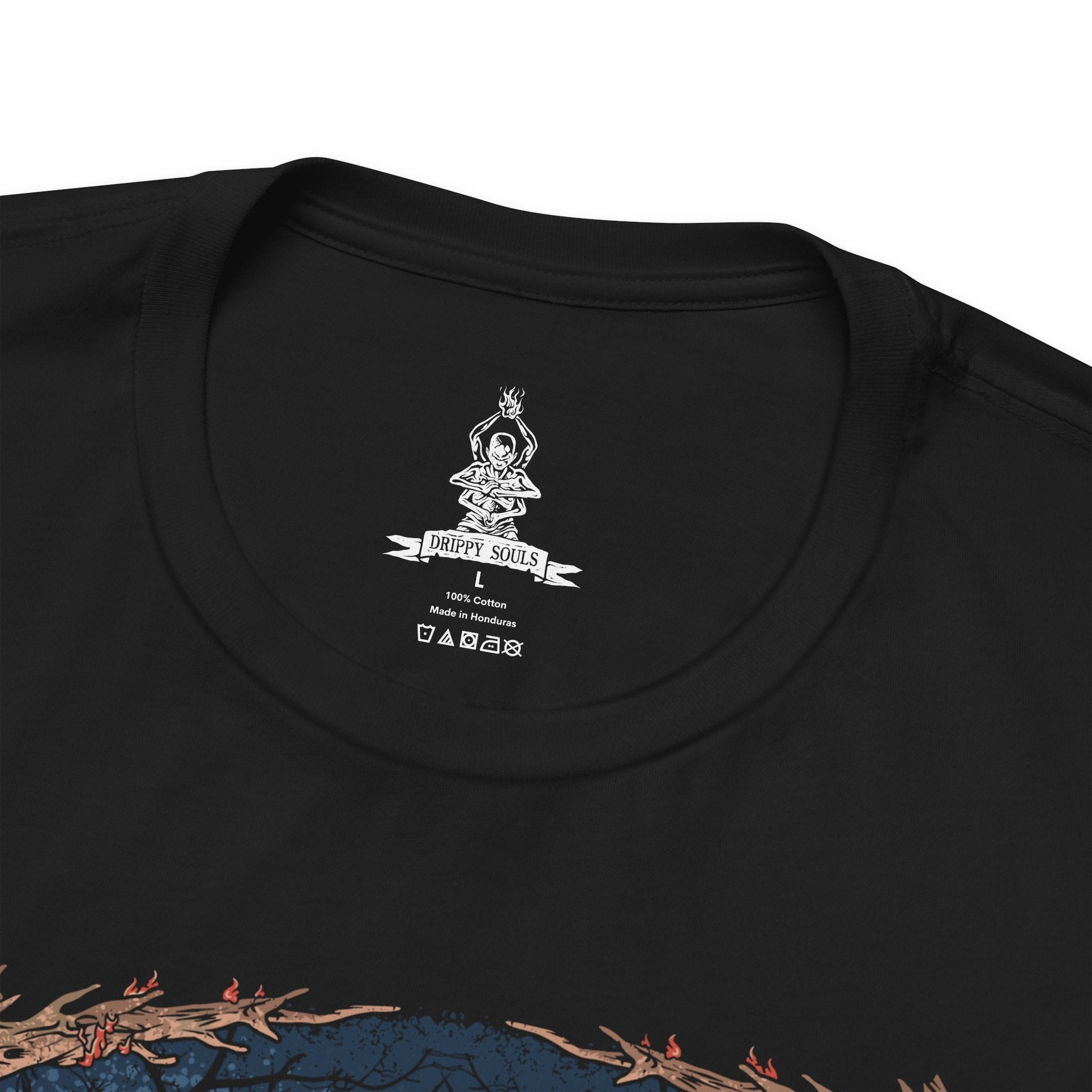 Folded T-shirt design of the Demon of Hatred from Sekiro: Shadows Die Twice, towering in flames while the broken form of the Sculptor lingers in memory behind him. Firestorms rage around his burning body, revealing the tragic transformation of a once-kind shinobi consumed by rage and war. The design captures the cost of violence, the curse of hatred, and the monstrous fate awaiting those who cannot let go.