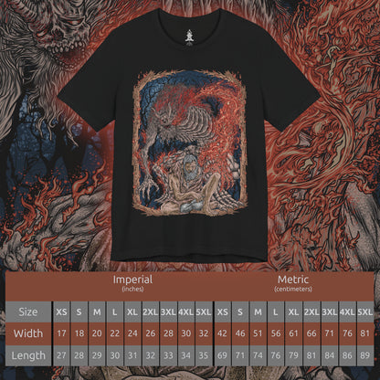 Size chart of a T-shirt design of the Demon of Hatred from Sekiro: Shadows Die Twice, towering in flames while the broken form of the Sculptor lingers in memory behind him. Firestorms rage around his burning body, revealing the tragic transformation of a once-kind shinobi consumed by rage and war. The design captures the cost of violence, the curse of hatred, and the monstrous fate awaiting those who cannot let go.