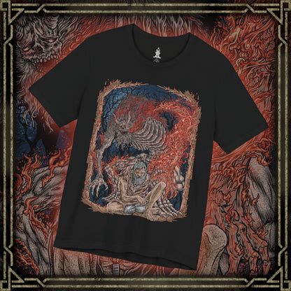 Thumbnail of a T-shirt design of the Demon of Hatred from Sekiro: Shadows Die Twice, towering in flames while the broken form of the Sculptor lingers in memory behind him. Firestorms rage around his burning body, revealing the tragic transformation of a once-kind shinobi consumed by rage and war. The design captures the cost of violence, the curse of hatred, and the monstrous fate awaiting those who cannot let go.