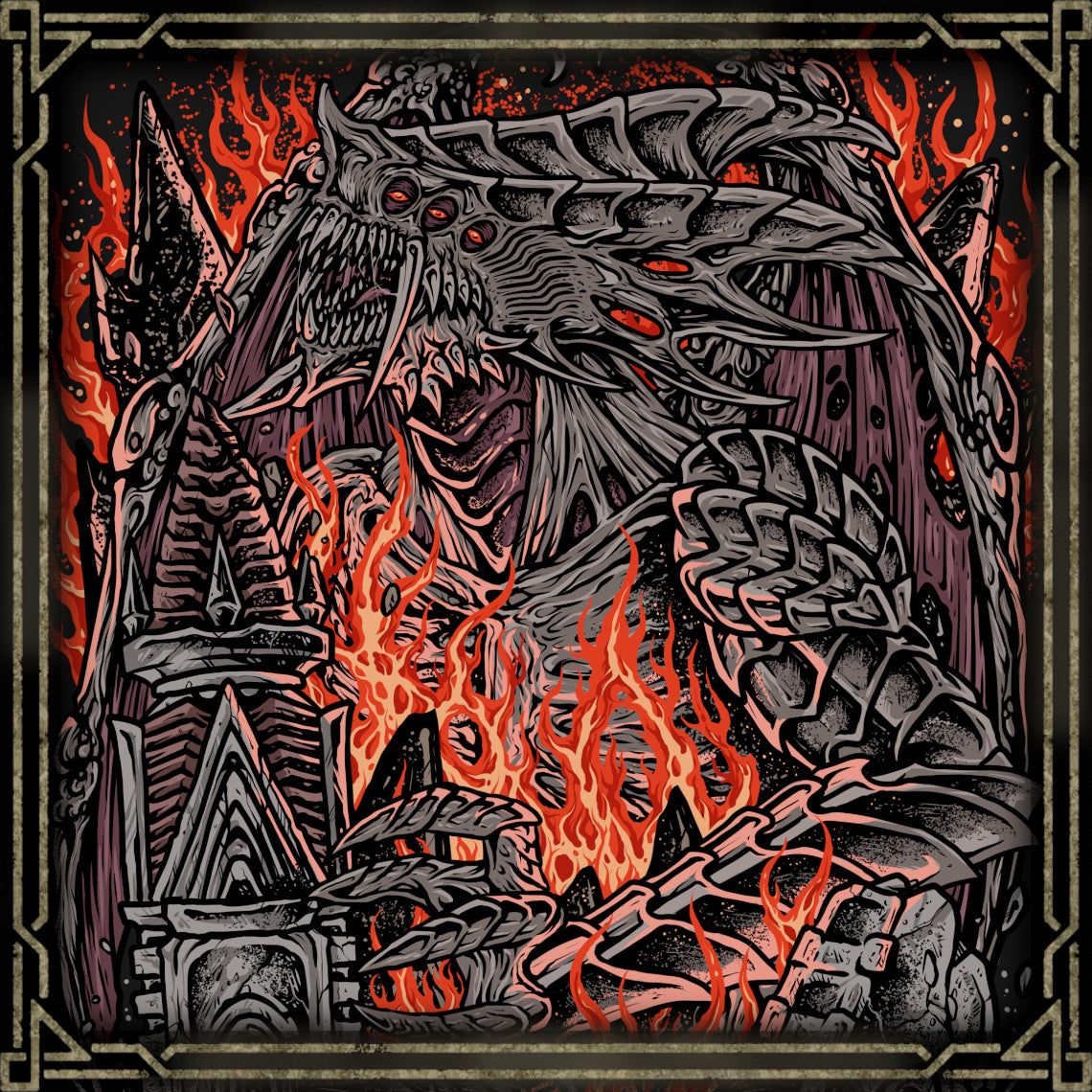 Concept Art of Demons Souls Dragon God. Beneath the Stonefang Tunnel, the Dragon God awaits as one of the most formidable Archdemons connected to the Old One. Once revered by miners as a divine protector, this colossal creature has become a terrifying symbol of destruction. Its burning gaze and devastating strength make it an unforgettable challenge for the Slayer of Demons and a reminder of the ancient horrors unleashed upon Boletaria.